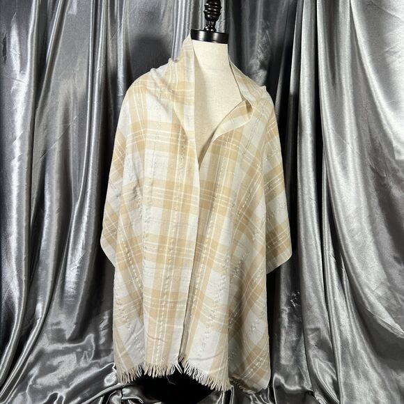 J. Crew Lambswool Plaid Scarf Preppy Beige Tan Silver Fall Winter Fringe 76"x20" - Picture 5 of 13